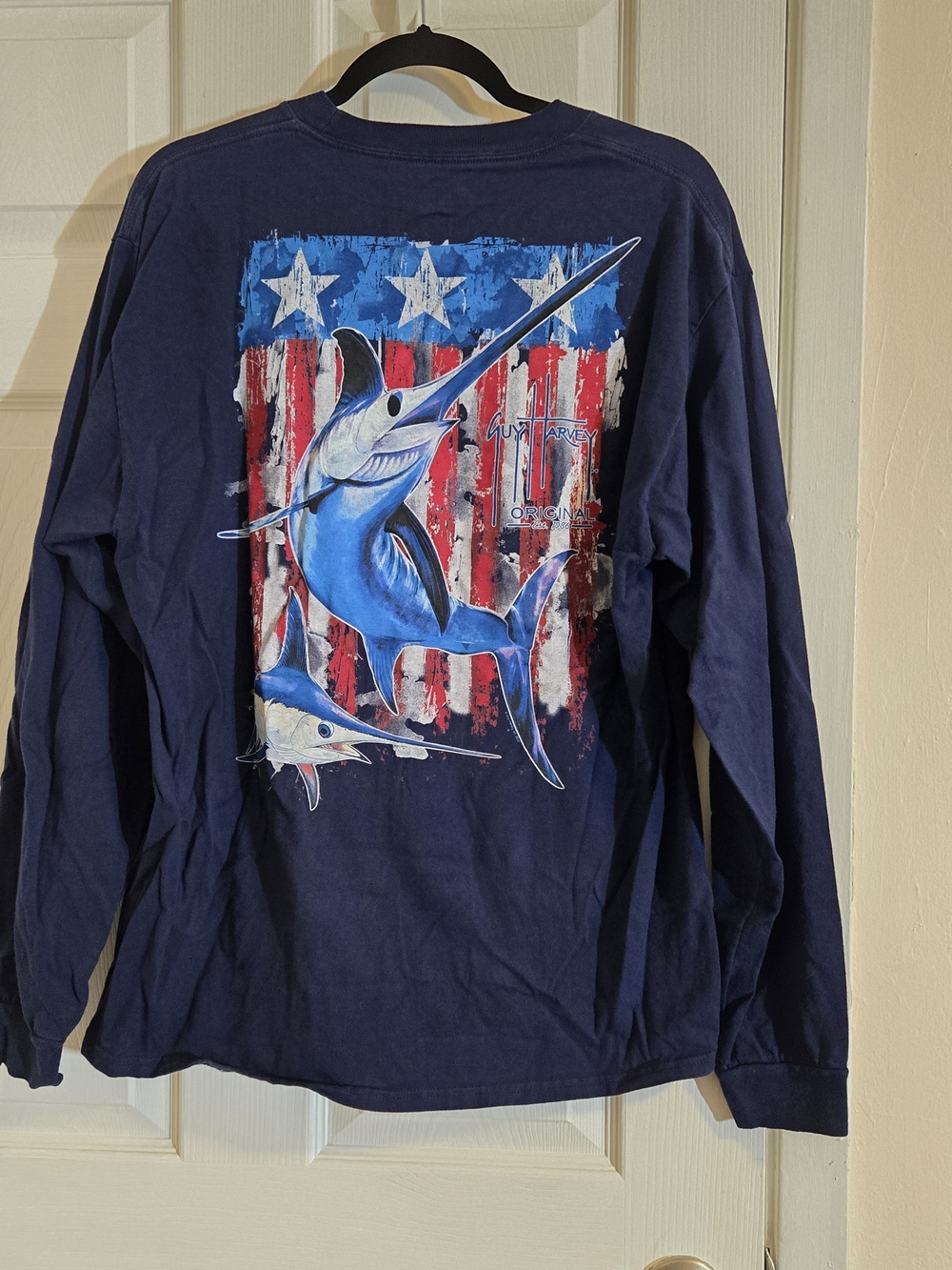 Guy Harvey Navy Long Sleeve Tee with Marlin & American Flag